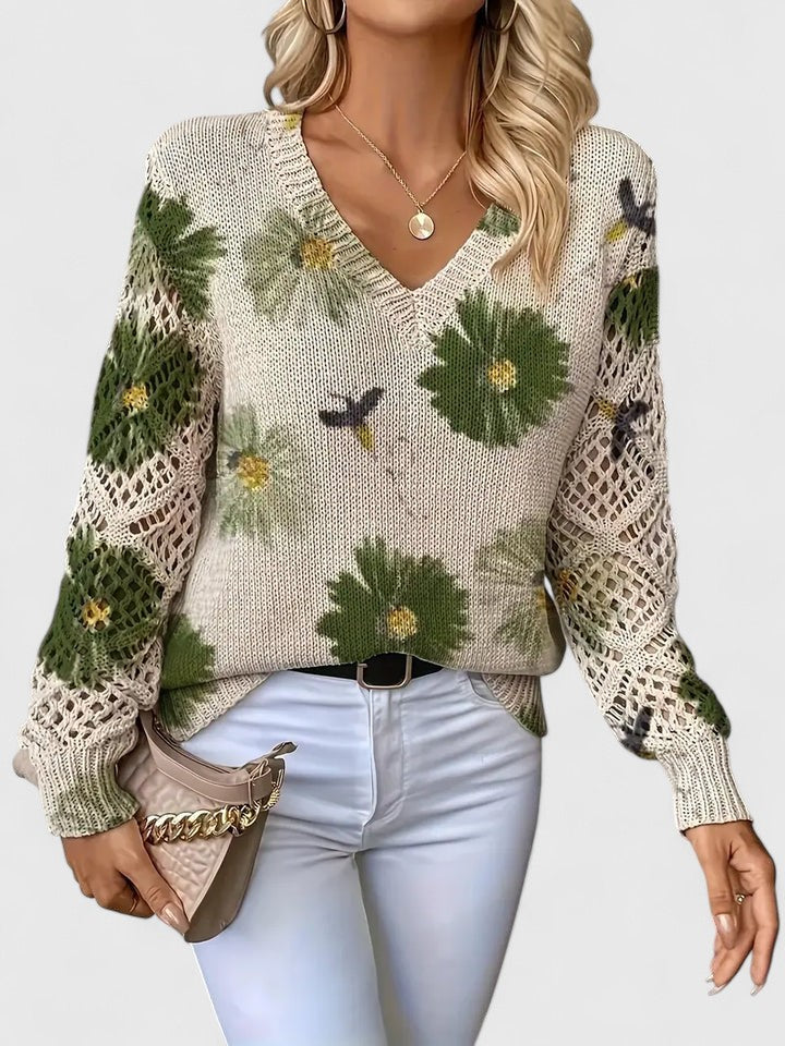 Women's Cardigan Floral Print with Lattice Sleeves and V-Neck - Green