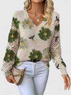 Women's Cardigan Floral Print with Lattice Sleeves and V-Neck - Green