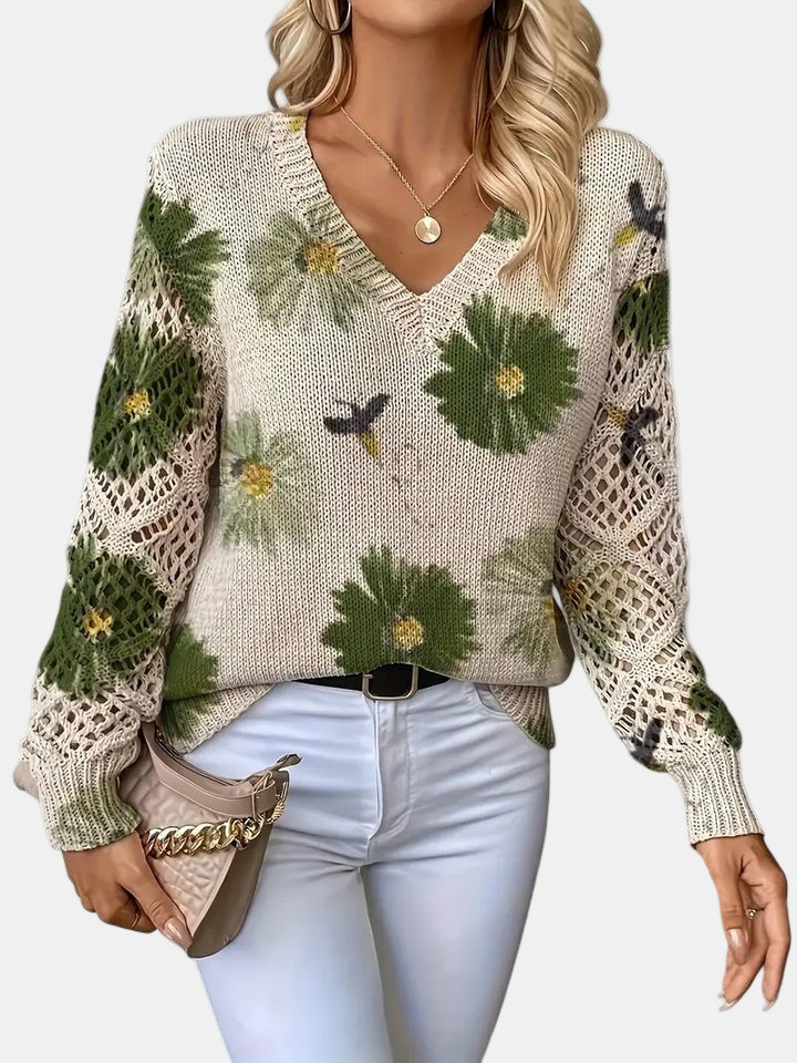 Women's Jumper V-Neck Floral Print with Crochet Sleeves - Green