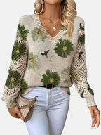 Women's Jumper V-Neck Floral Print with Crochet Sleeves - Green