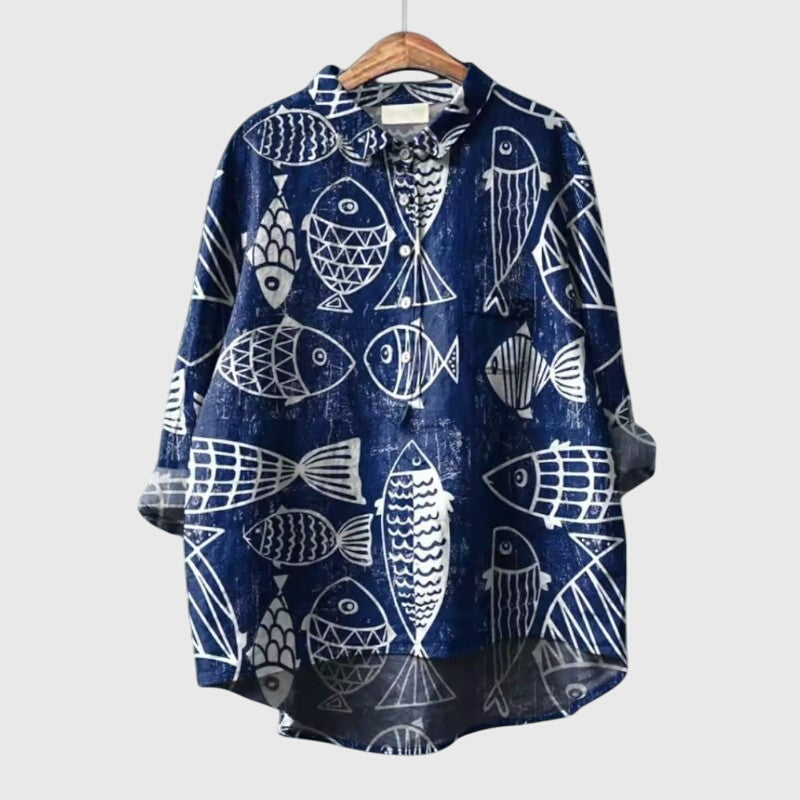 Women's Blouse with Collar and Cat Print - Blue