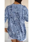 Women's Floral Print Blouse with Roll-Up Sleeves and V-Neck - 11