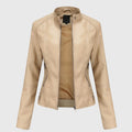 Women's Faux Leather Jacket with Stand Collar and Zip Front - Beige