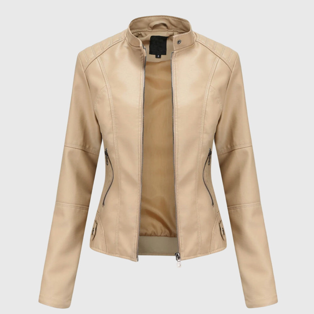Women's Faux Leather Jacket with Stand Collar and Zip Front - Beige