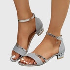 Women's Heeled Sandals with Ankle Strap and Block Heel - Silver