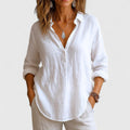 Women's Blouse Long Sleeve with Collar and V-Neck Button Placket - White