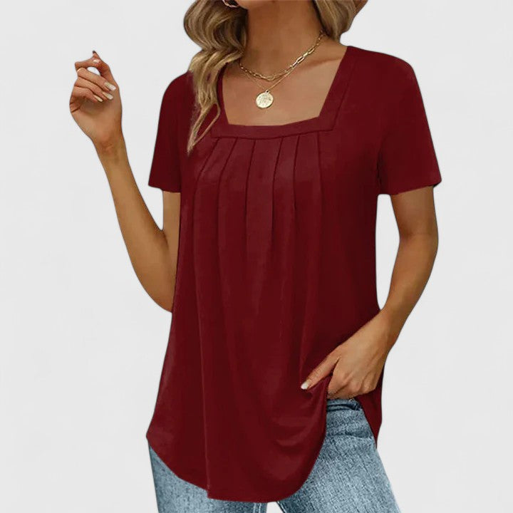 Women's Blouse Short Sleeve with Square Neckline and Pleated Front - Burgundy
