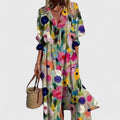 Women's Maxi Shirt Dress with Button Front and Leaf Print - Multi-Coloured 1