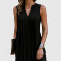 Women's Sleeveless Dress with V-Neck and Pleated Detail - Black