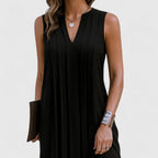 Women's Sleeveless Dress with V-Neck and Pleated Detail - Black