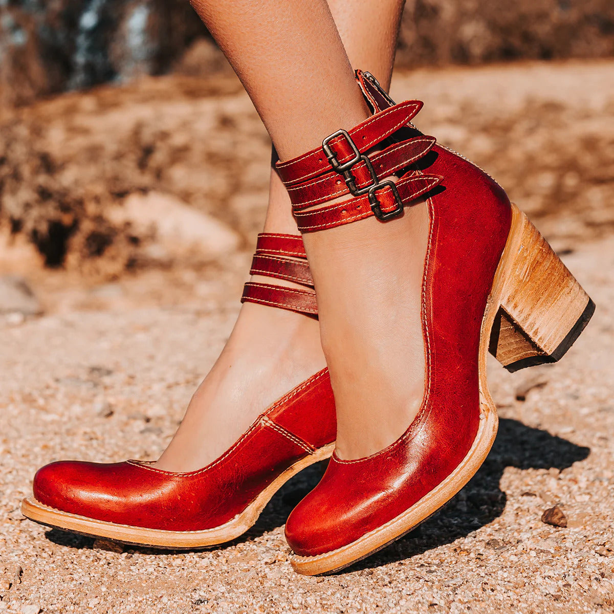 Women Block-Heel Shoes with Double Ankle Buckle Straps - Red (Almost Sold Out)