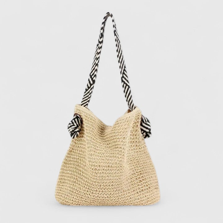 Women's Woven Shoulder Bag with Contrast Straps - Natural Beige