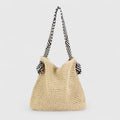 Women's Woven Shoulder Bag with Contrast Straps - Natural Beige