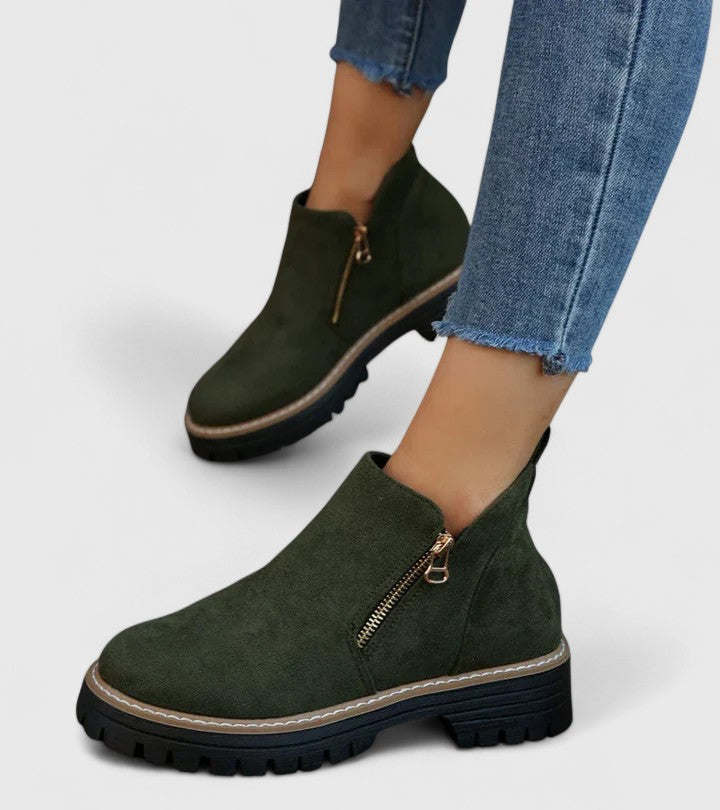 Women's Ankle Boots with Zip Detail and Chunky Sole - Green