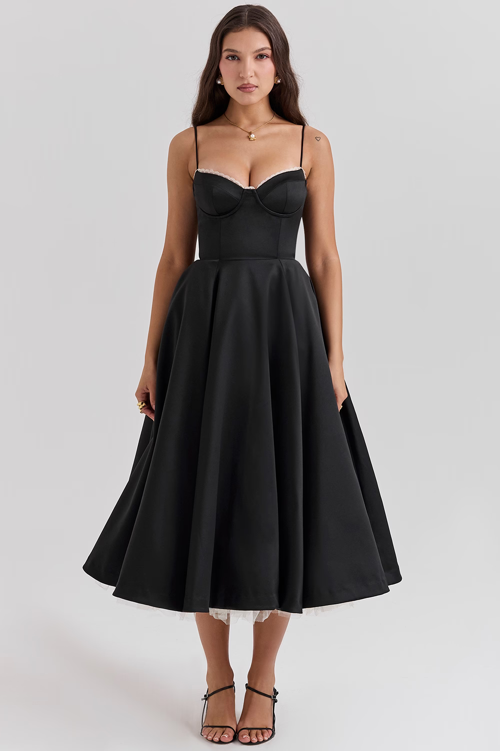 Women's Corset Midi Dress with A-Line Skirt and Sweetheart Neckline - Black