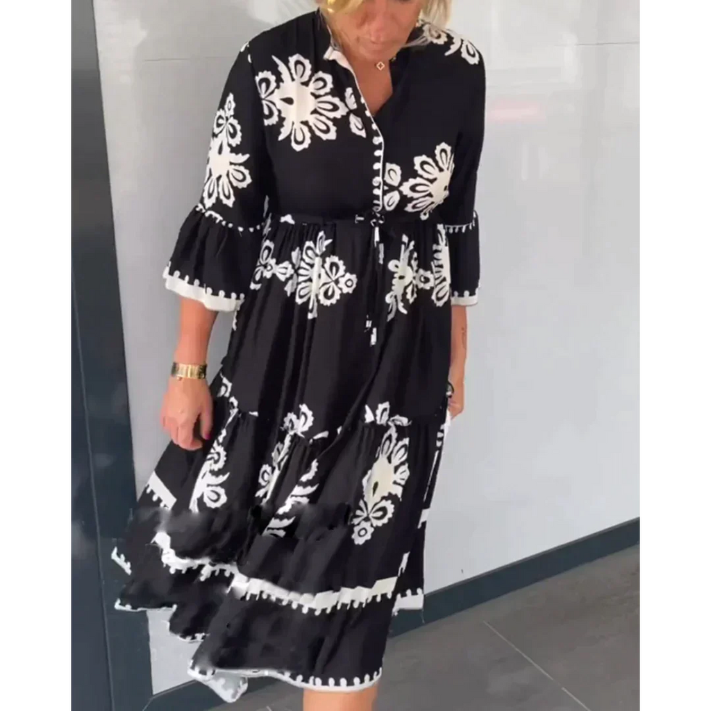 Women's Floral Print Dress with Three-Quarter Sleeves and Tiered Hem - 6