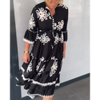 Women's Floral Print Dress with Three-Quarter Sleeves and Tiered Hem - 6