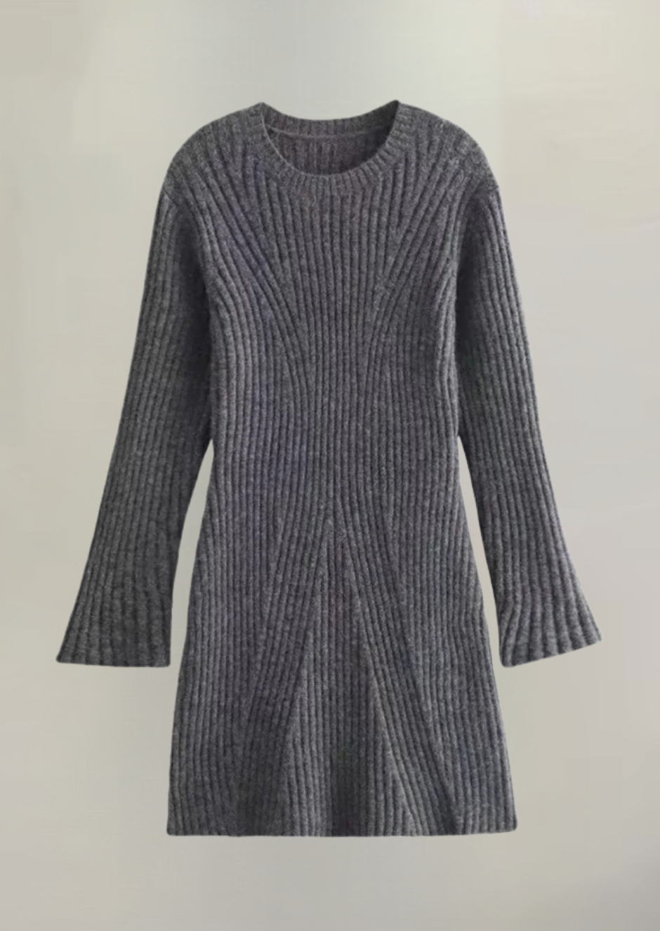 Women's Ribbed Mini Dress with Long Sleeves - Grey