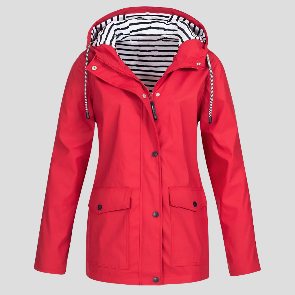 Women's Hooded Rain Jacket with Adjustable Hood and Snap Pockets - Red