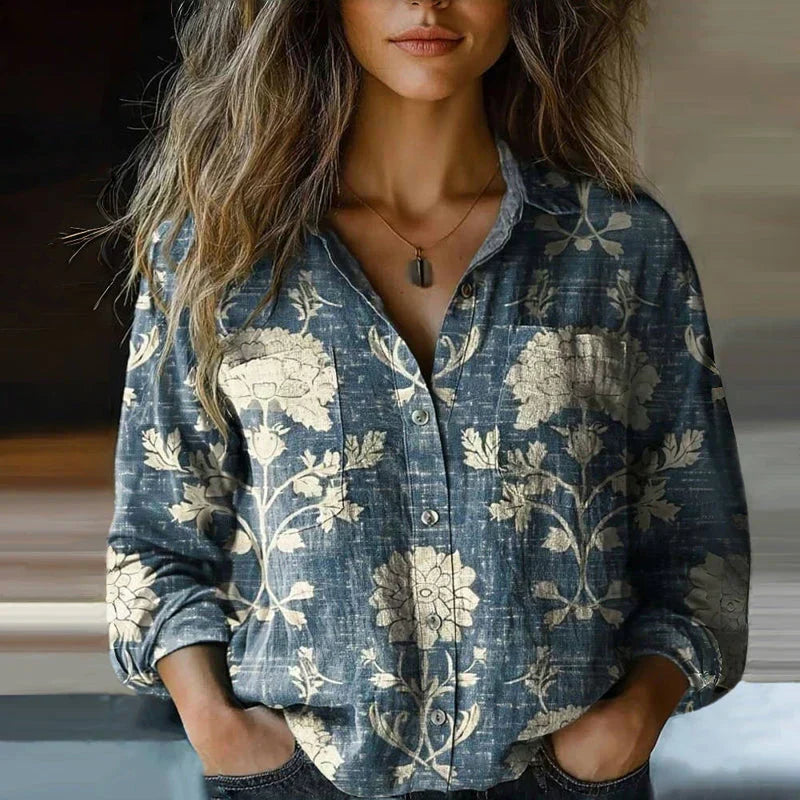 Women's Blouse Long Sleeve with Paisley Print and Collar - Blue
