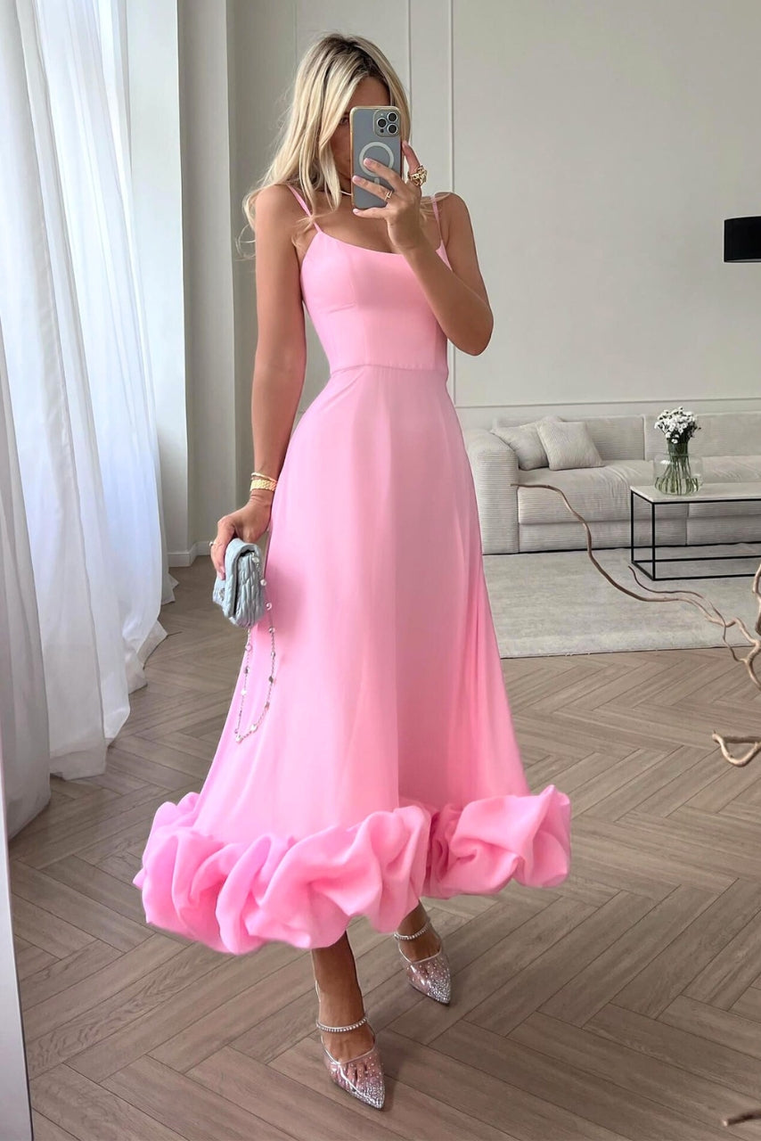 Women's Sleeveless Occasion Dress with Ruffle Hem and A-Line Silhouette - Pink