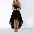 Women's Sleeveless High-Low Dress with Lace Bodice and A-Line Skirt - Black