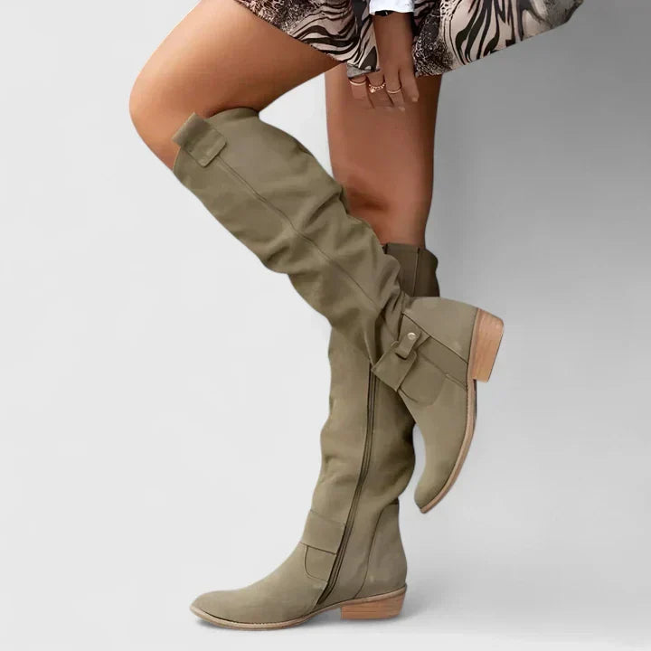 Women's Over-the-Knee Boots with Buckle Detail and Block Heel - Dark Green