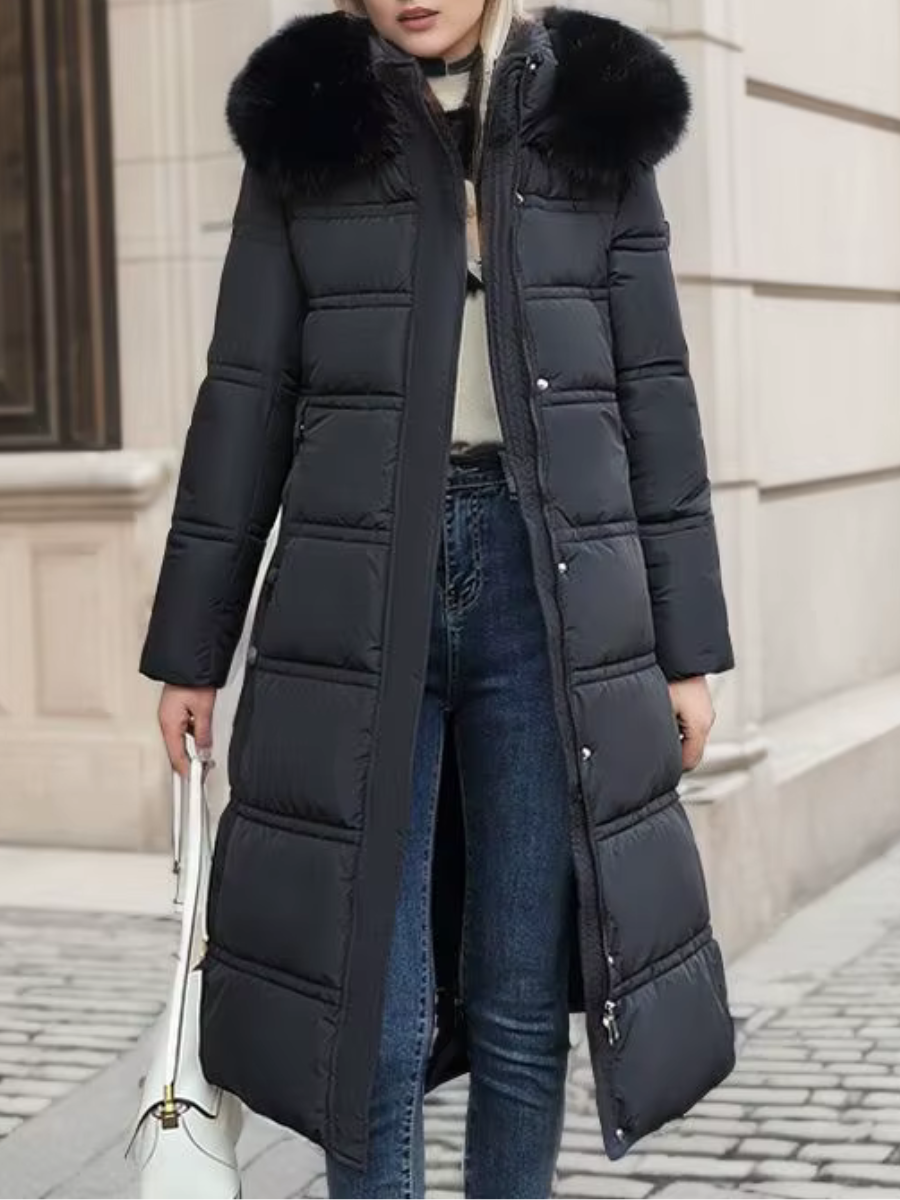 Women's Long Padded Coat with Faux Fur Trim Hood - Black