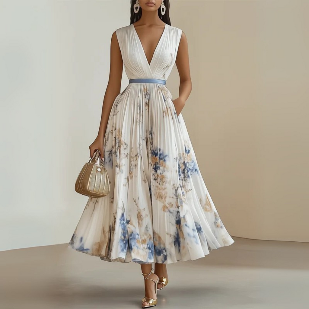 Women's Sleeveless Maxi Dress with V-Neck and Flowing A-Line Skirt - Beige