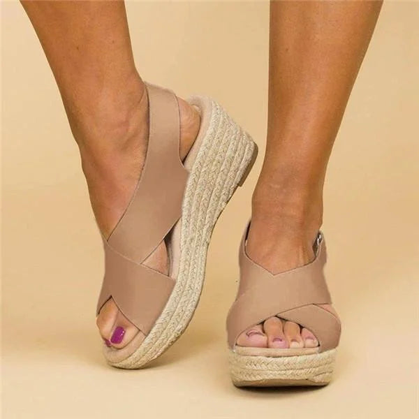 Women's Espadrille Wedge Sandals with Crossover Straps - Beige