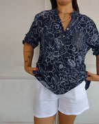 Women's Floral Print Blouse with Roll-Up Sleeves and V-Neck - 5