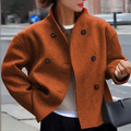 Women's Long Sleeve Stand Collar Coat with Double-Breasted Buttons - Brown