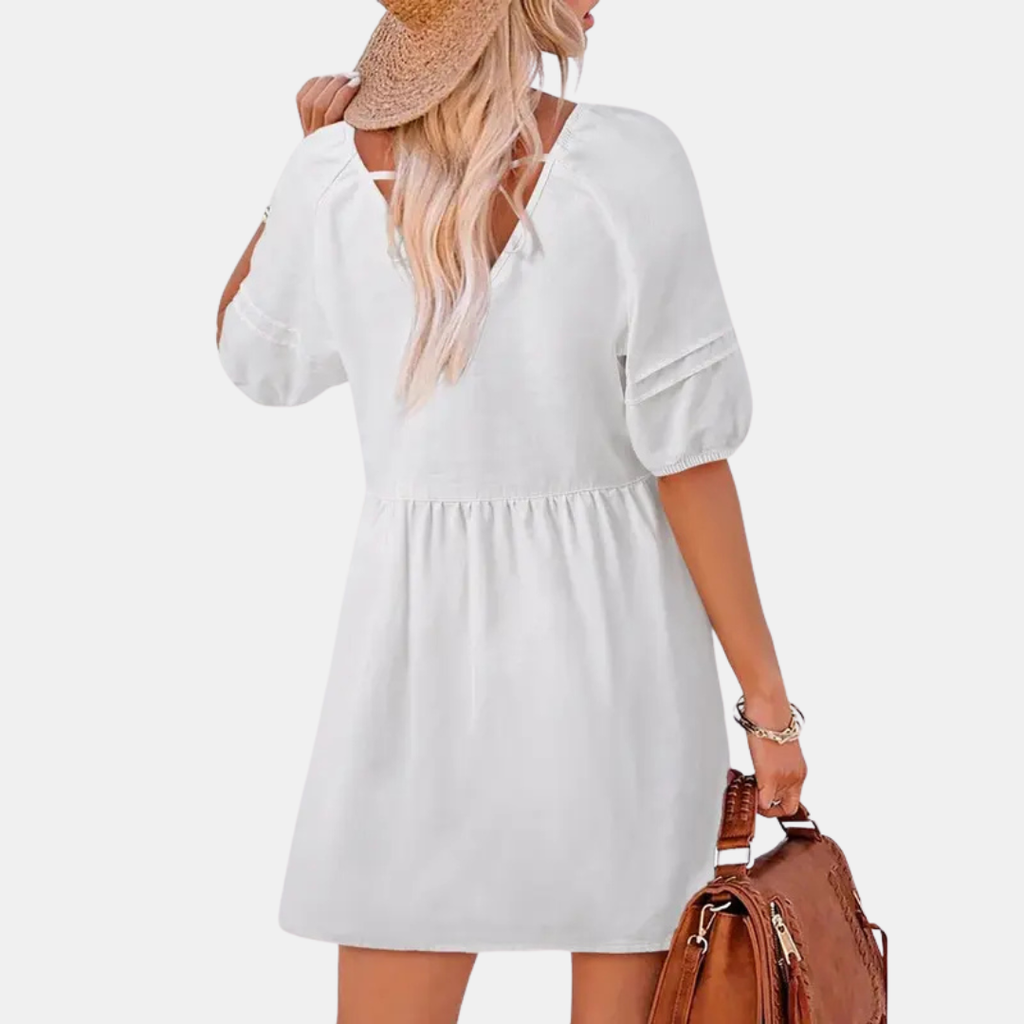 Women's Puff Sleeve Empire Waist V-Neck Mini Dress - 12