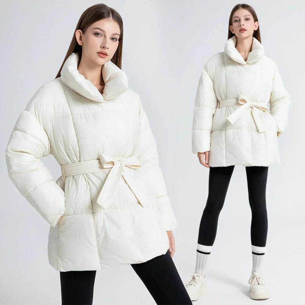 Women's Padded Coat with Belted Waist and Wide Collar - 10