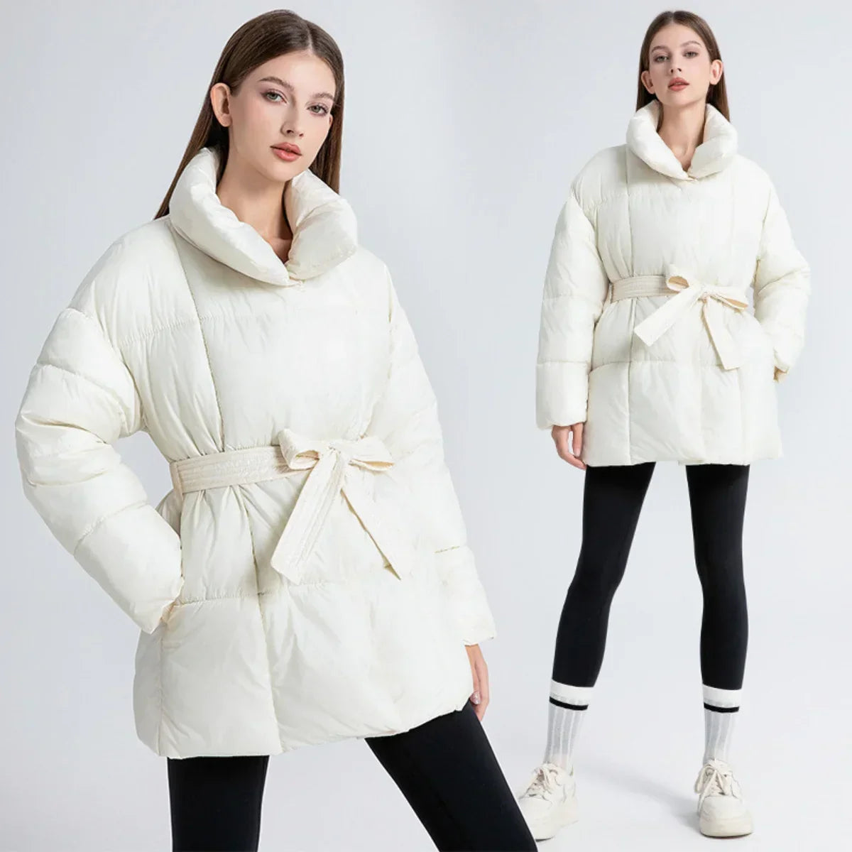 Women's Padded Coat with Belted Waist and Wide Collar - 10