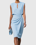 Women's Sleeveless Dress with Keyhole Neckline and Ruched Waist - Light Blue