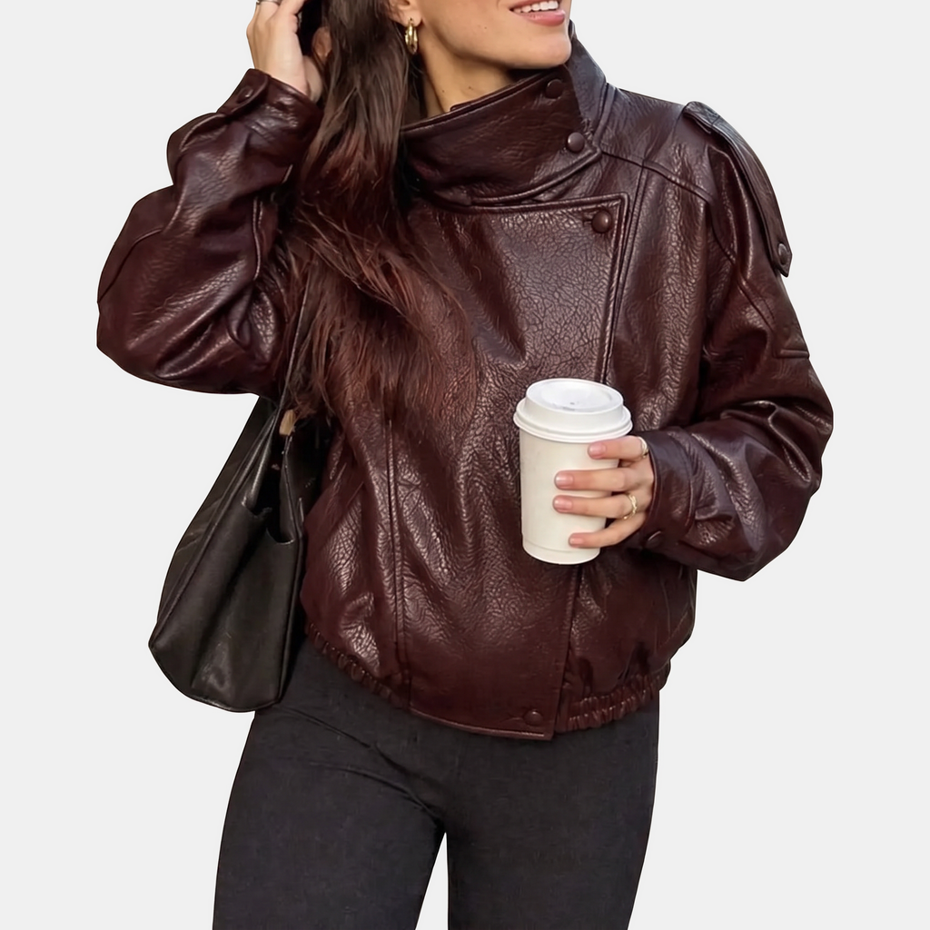Women's Pebbled Faux Leather Bomber Jacket Oversized Stand Collar - 10