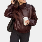 Women's Pebbled Faux Leather Bomber Jacket Oversized Stand Collar - 10