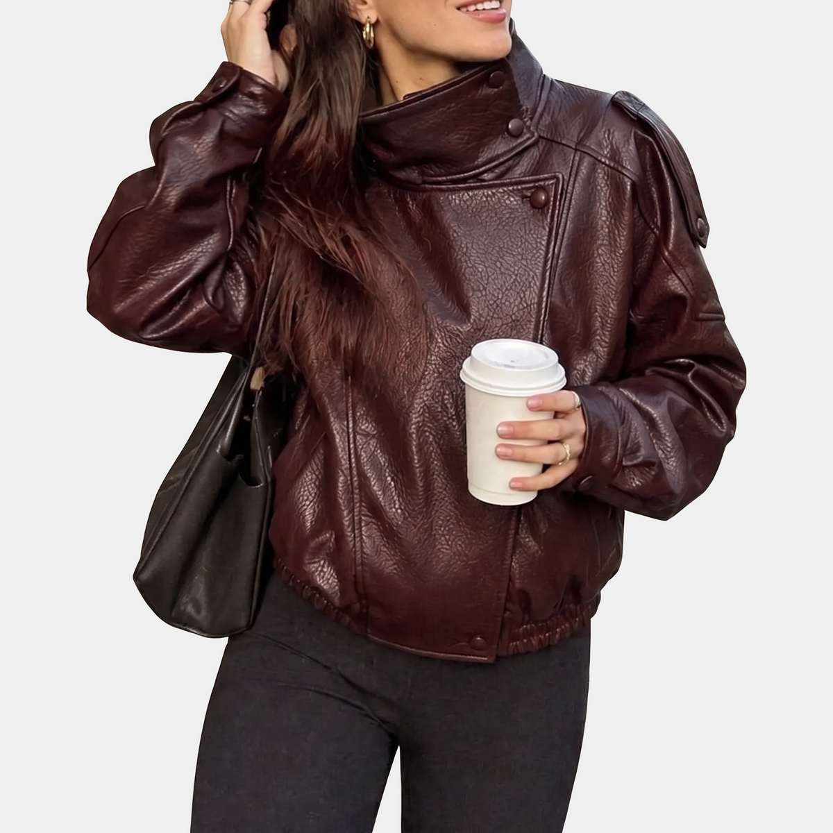 Women's Pebbled Faux Leather Bomber Jacket Oversized Stand Collar - 10