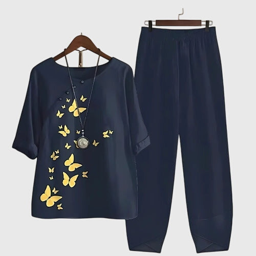 Women's Two Piece Set with Butterfly Print and Relaxed Fit - Navy Blue