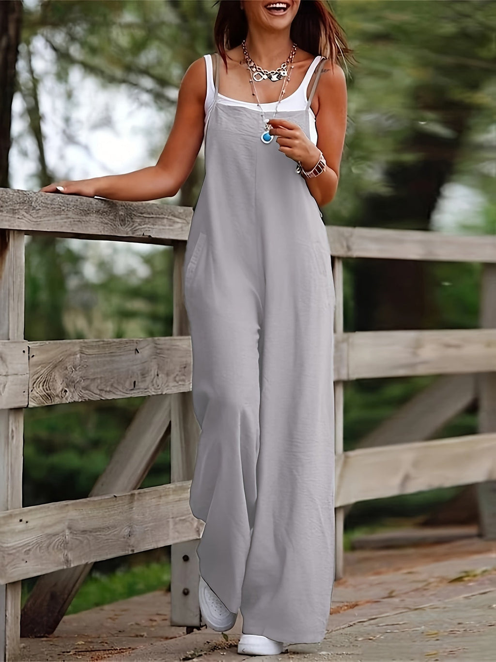 Women's Wide Leg Dungaree Jumpsuit with Adjustable Straps and Pockets - 6