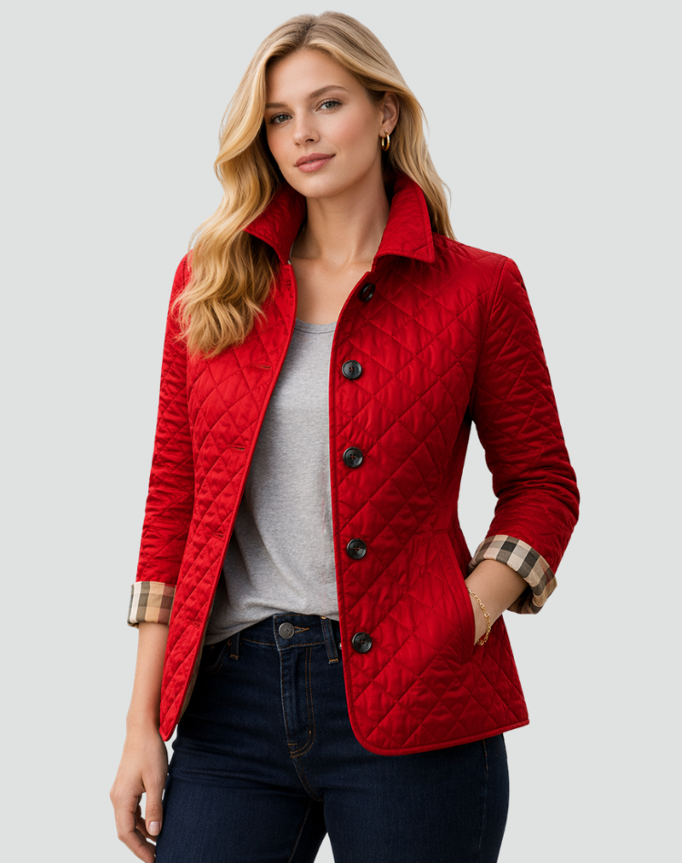 Women's Quilted Jacket with Collar and Button Closure - Red
