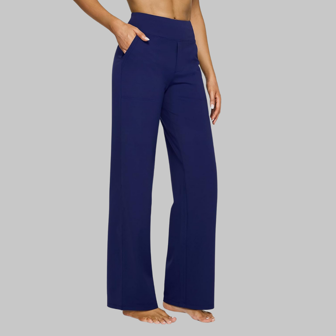 Women's Straight Leg Trousers with High Waist and Pockets - Blue