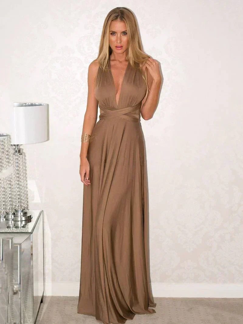 Women's Convertible Maxi Dress Multi-Way Wrap with A-Line Skirt - Brown