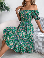Women's Floral Dress with Frill Hem and High Waist - Green