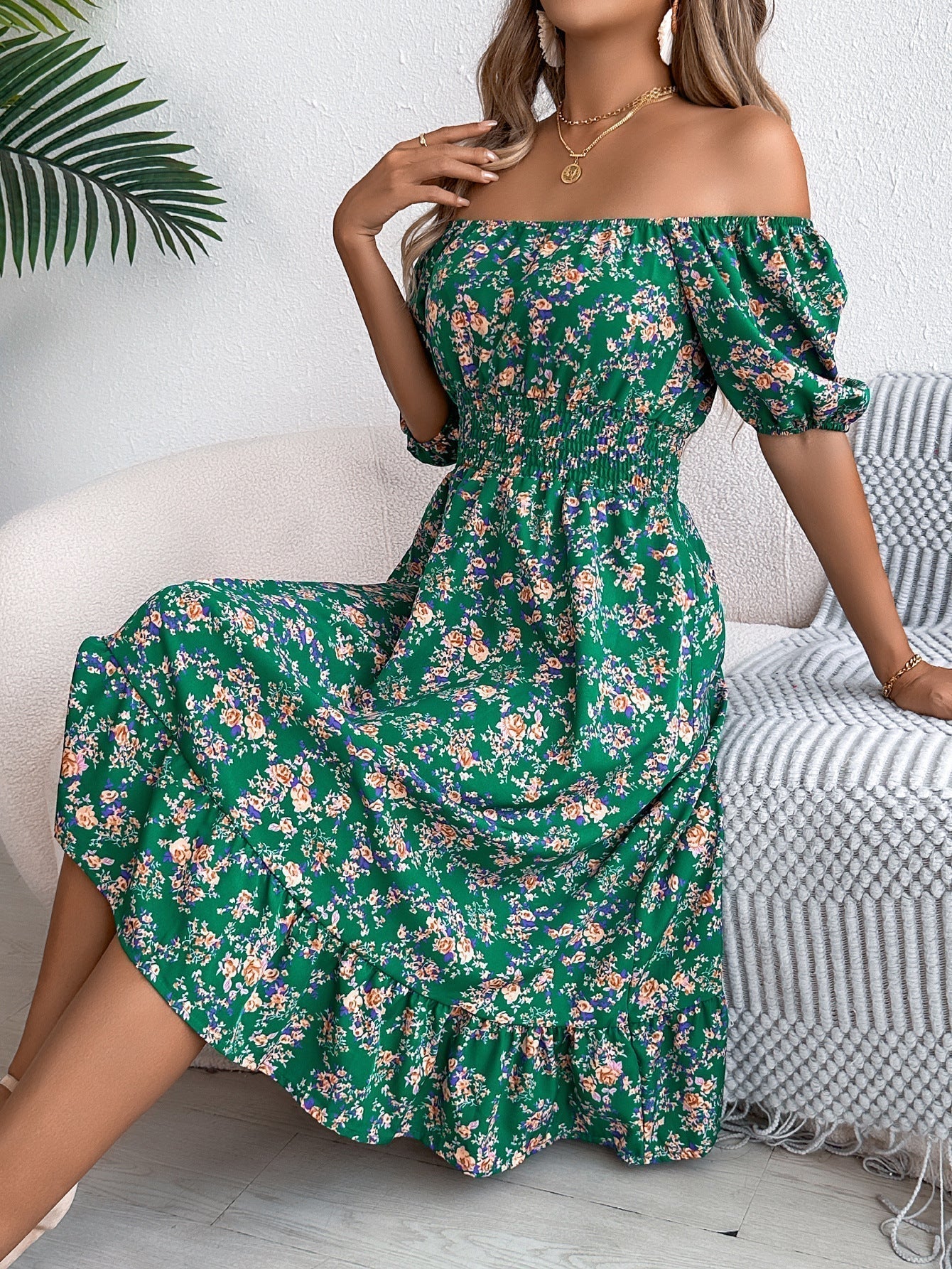 Women's Floral Dress with Frill Hem and High Waist - Green