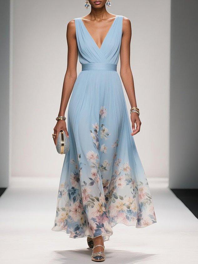Women's Sleeveless Floral Print Dress with V-Neck and A-Line Silhouette - 11