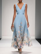 Women's Sleeveless Floral Print Dress with V-Neck and A-Line Silhouette - Light Blue