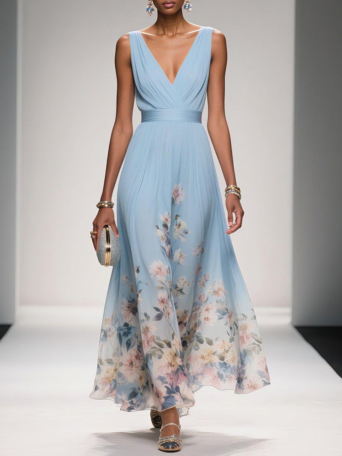 Women's Sleeveless Floral Print Dress with V-Neck and A-Line Silhouette - Light Blue