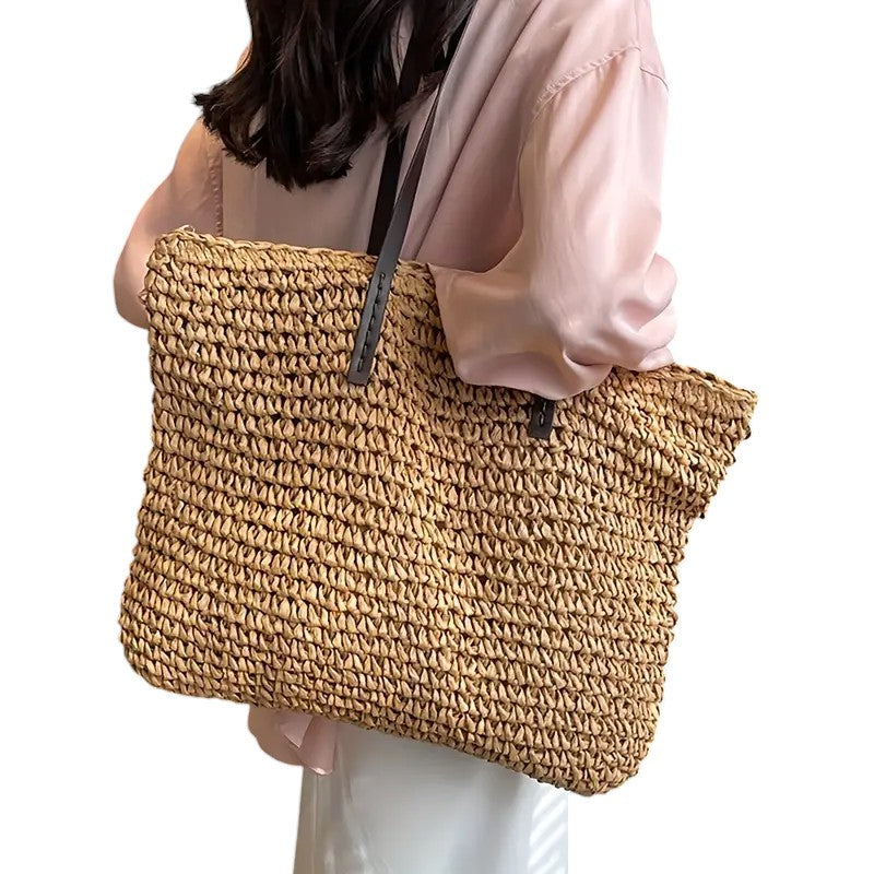 Women's Woven Tote Bag with Faux Leather Straps - 7